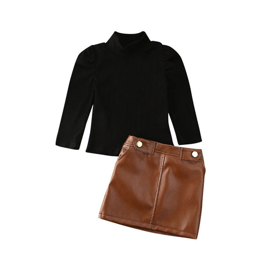 Black Knitted Long Sleeve & Leather Skirt